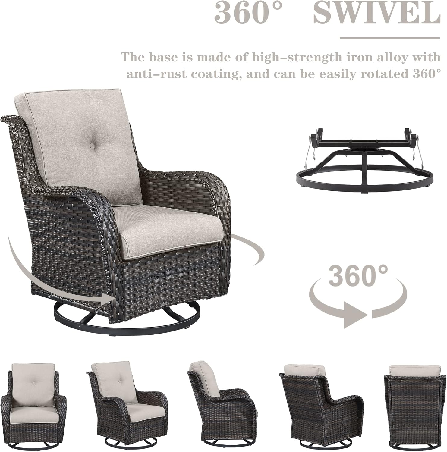 Outdoor Wicker Furniture Patio Set - 7 Piece Backyard Furniture Brown Rattan Conversation Sets with Swivel Rocker Chairs, Rattan Sofa, Club Chairs and Coffee Table, Beige Cushion
