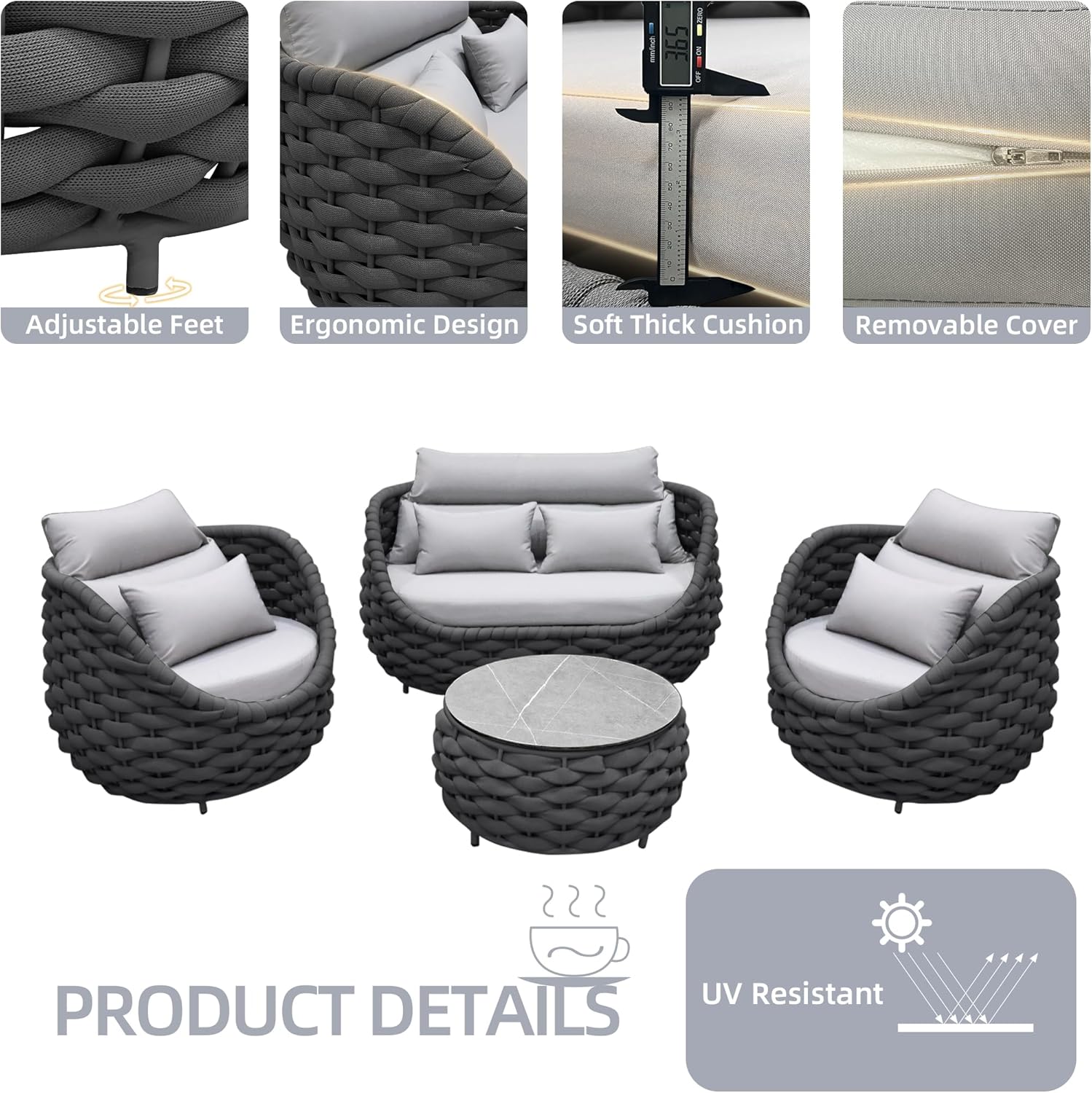 TWT Patio Furniture Sofa Set 4 Pieces Aluminum Outdoor Furniture w/27.8in Coffee Table,Patio Conversation Set with Dark Grey Textilene Rope Grey Cushions for Sunroom Backyard Poolside Indoor