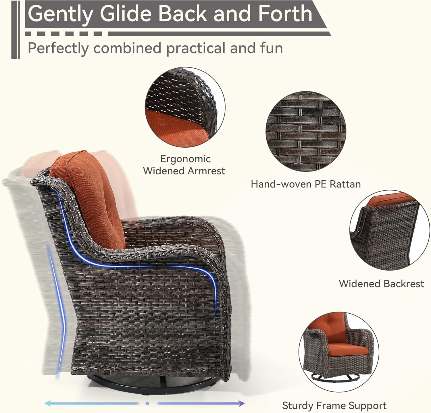 6 Pieces Outdoor Furniture Set - Patio Wicker Swivel Rocker Chair Set of 4 and 2 Side Table, Orange, Mixed Brown Rattan, Suitable for Porch, Yard