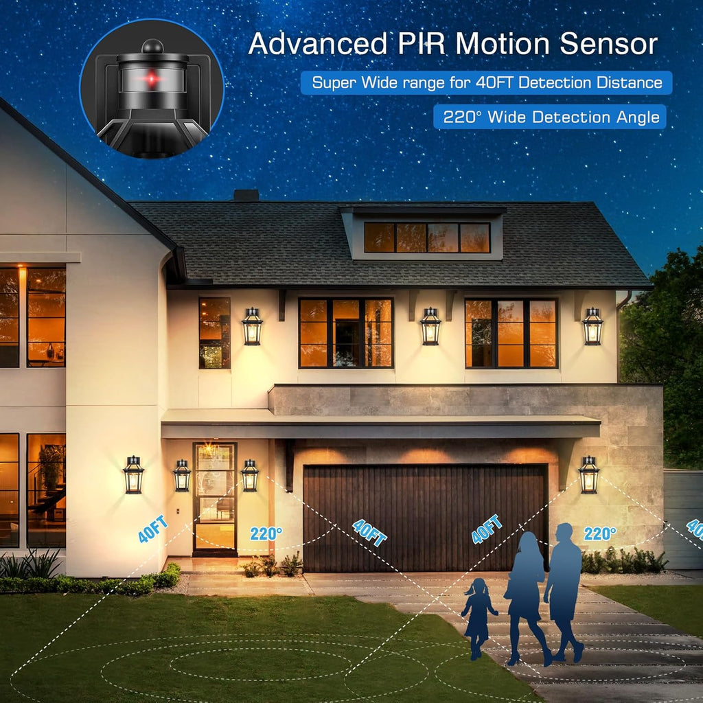 VIANIS Black 2 Pack Outdoor Lights for House, Dusk to Dawn Porch Light Lantern, Exterior Lighting for House Wall Mount, Motion Sensor Light Outside for Garage, Brightness Distance Adjustable