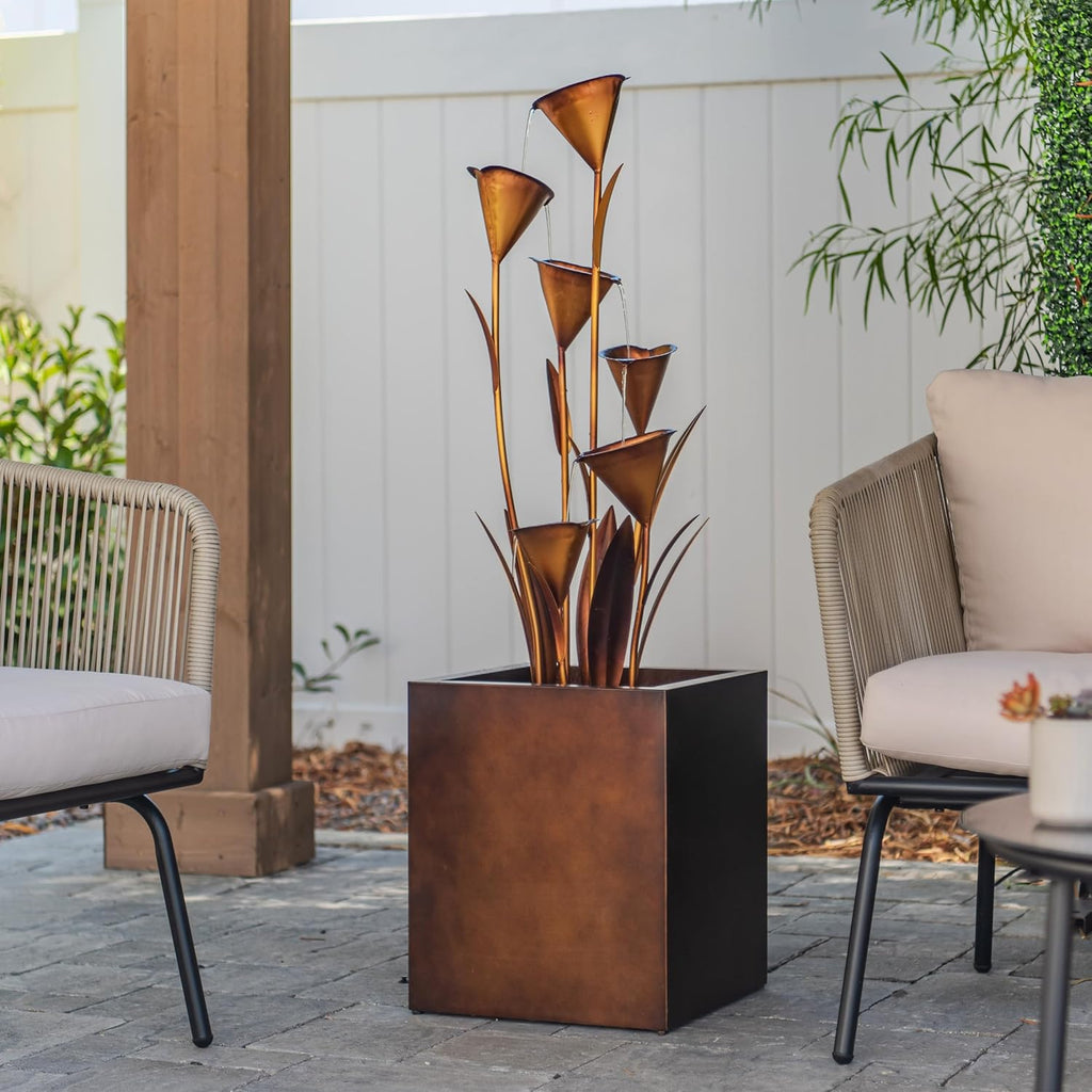 XBrand Sculptural Freestanding Metal Multi-Tiered Water Fountain w/Flowers, No LED Lights, Bronze, 46" Tall