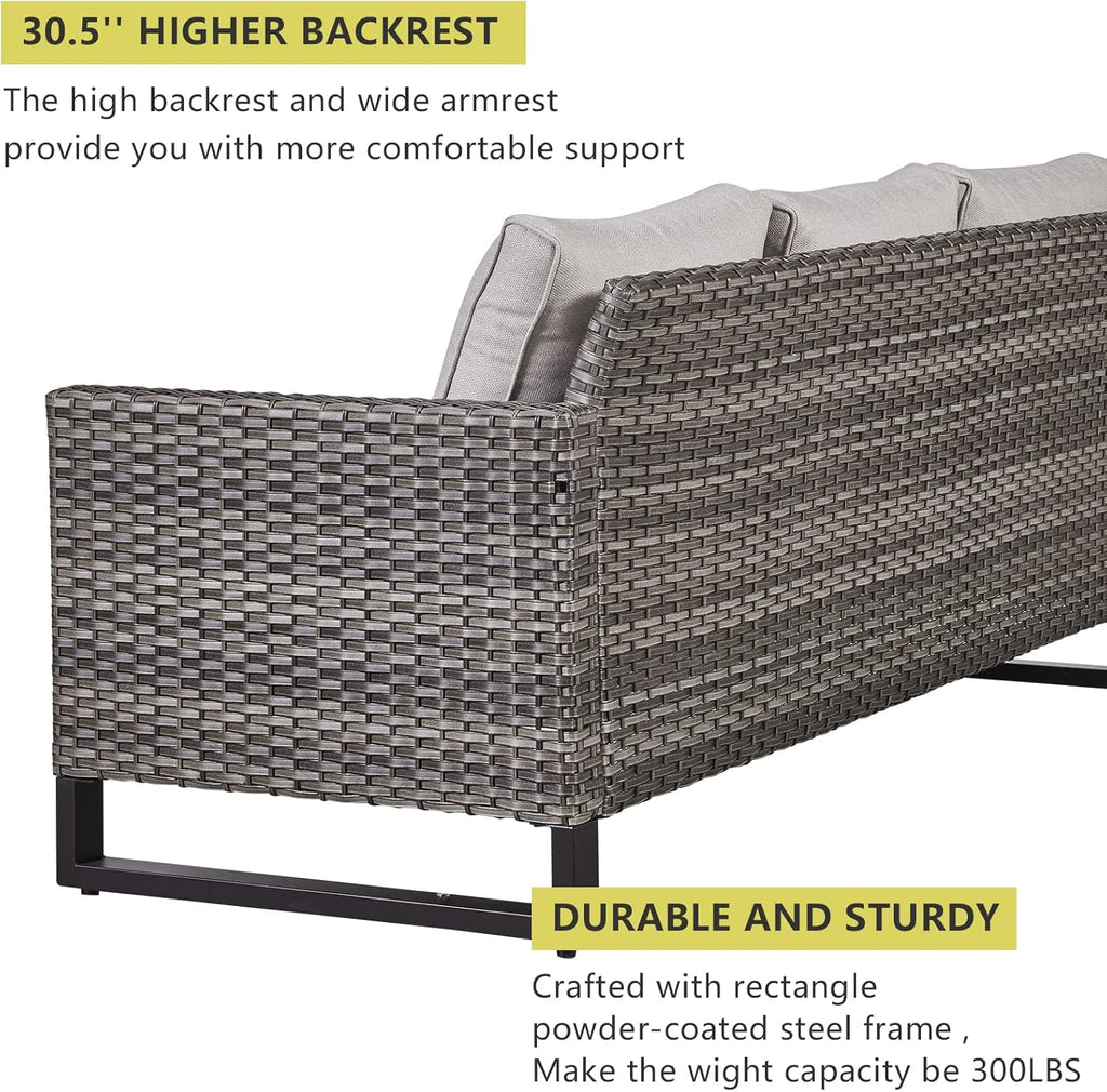 HUMMUH 7 Piece Patio Furniture with Fire Pit 30in 55,000 BTU,PE Wicker Outdoor Conversation Sets - Couch,Patio Swivel Chairs and Ottomans,Side Table for Porch,Garden,Backyard