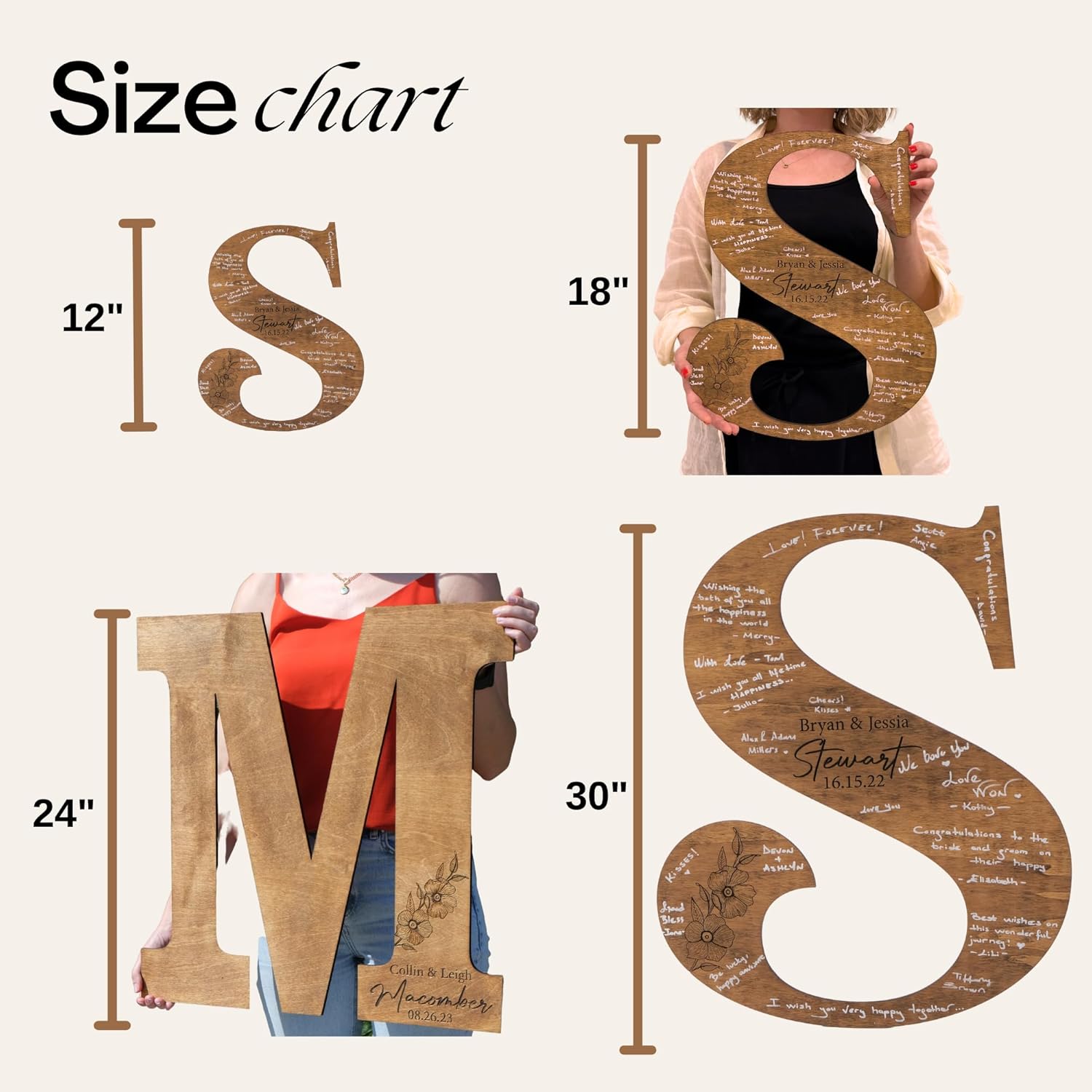 Wedding Guest Book Sign with Pen, Personalized Wooden Letter Monogram, Custom Last Name and Date, Laser Engraved Guestbook Alternative for Couple, Large Sizes Options