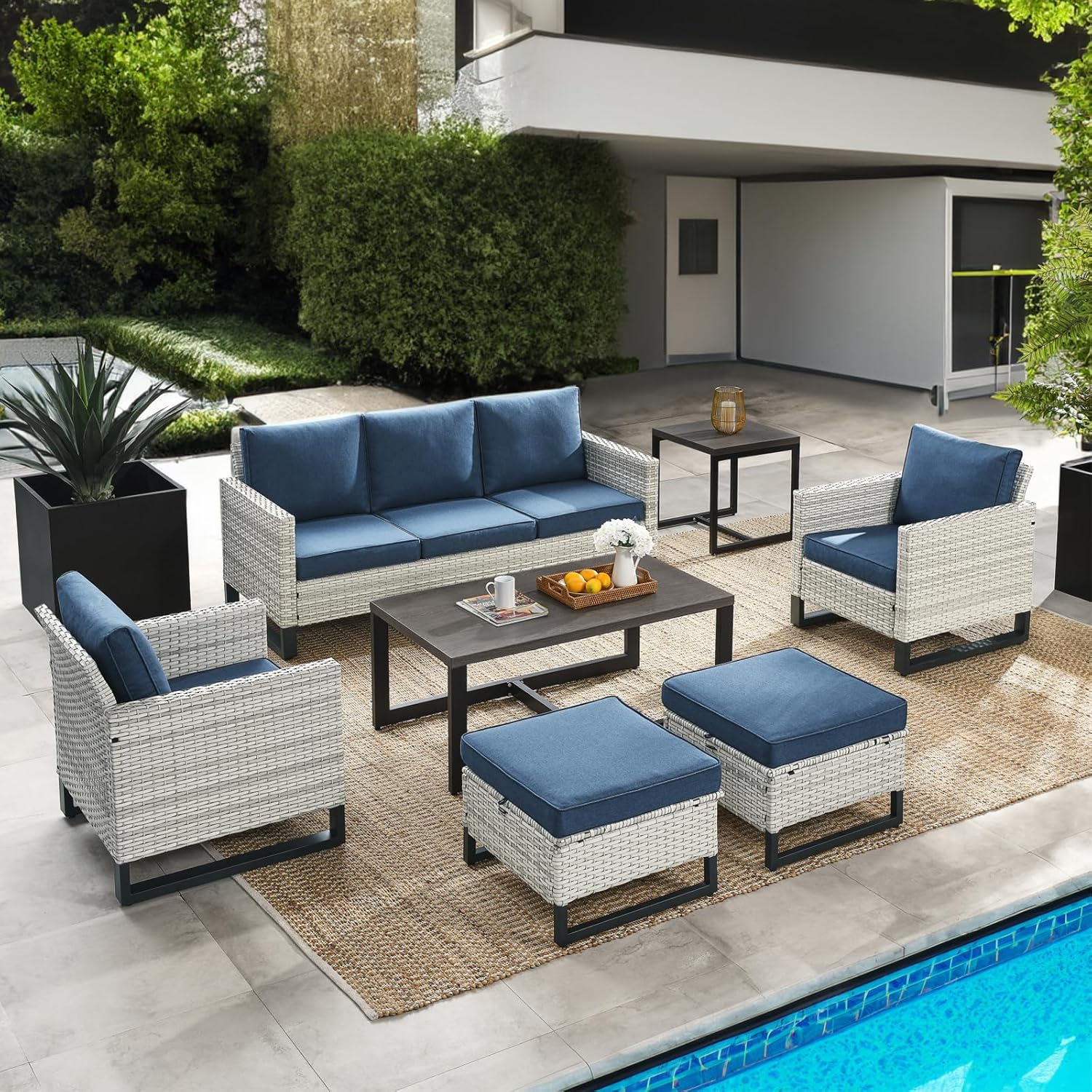 HUMMUH 7 Piece Patio Furniture All Weather Wicker Outdoor Sectional Sofa with Side Table,High Back Patio Chairs,Coffee Table and Ottomans Set for Porch,Garden,Backyard