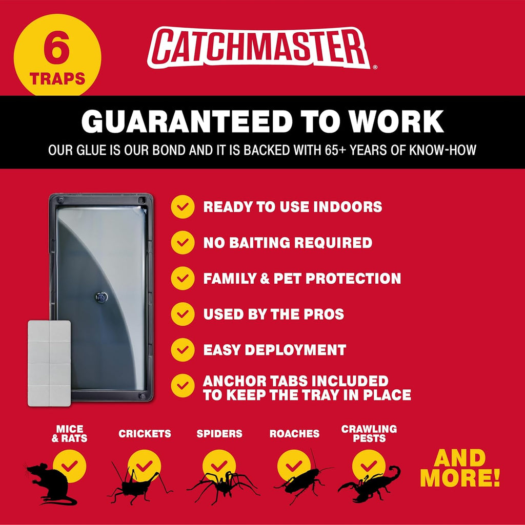 Catchmaster Rat & Mouse Glue Traps with Sticky Putty 6Pk, Large Bulk Glue Board, Rat & Mouse Traps Indoor for Home, Adhesive Plastic Tray for Snakes, Mice & Spiders, Pest Control for House & Garage