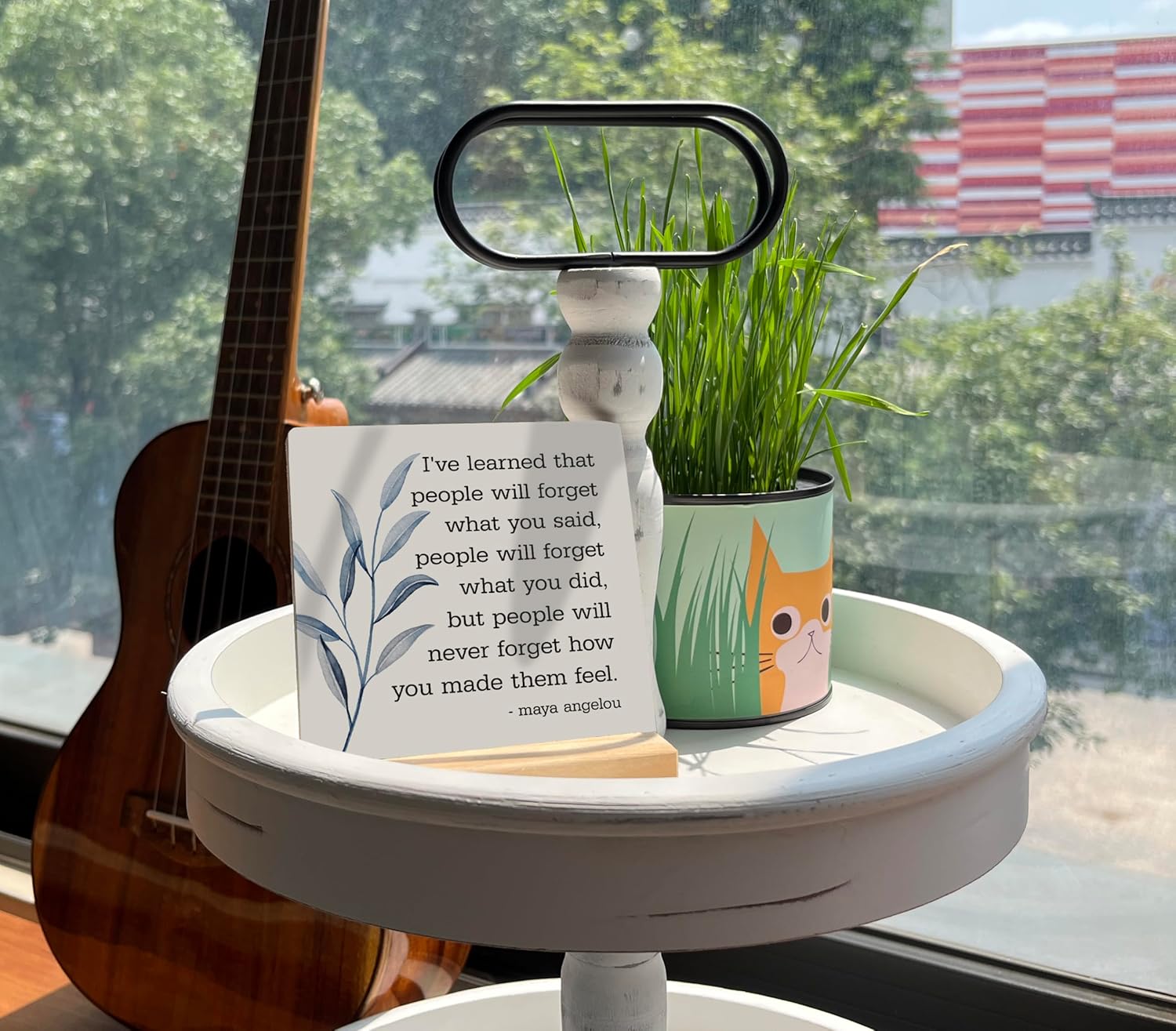 Primitive Wooden Sign, I've Learned that... People Will Never Forget How You Made Them Feel, Desk Plaque with Wooden Stand 4 x 4.3 inches, Maya Angelou Saying, Rustic Home Decor Farmhouse B
