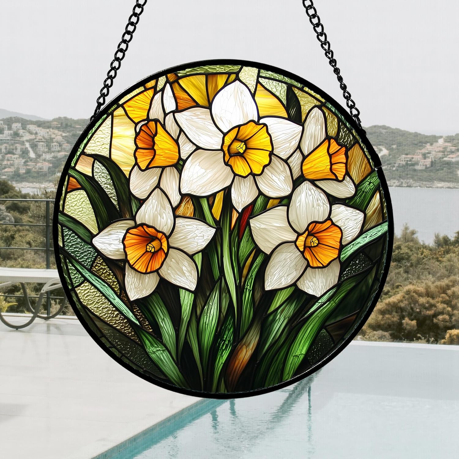 Stained Glass Window Hanging, Yellow and White Daffodils Sun Catcher for Door Home Decor Plants Flowers Suncatcher Christmas Mother's Day Birthday Gifts for Women Men Mom Nana 15 in
