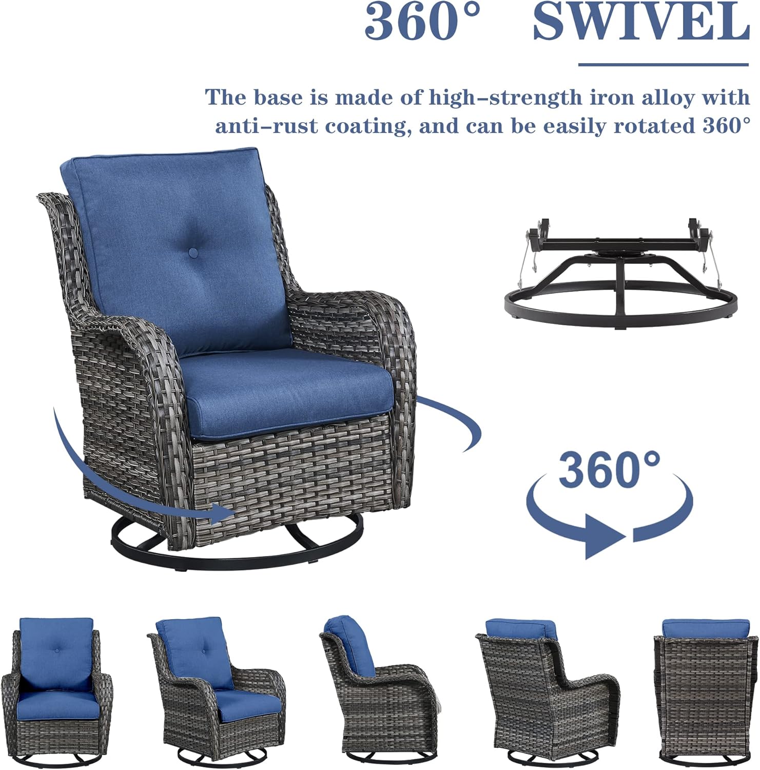 5 Pieces Patio Wicker Furniture Set - 4 Outdoor Swivel Rocker Glider Chairs with 50000BTU Propane Fire Pit Table, Warm Patio Conversation Set Blue Cushion Perfect for Casual Gathering