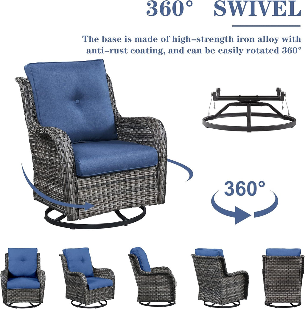 5 Pieces Patio Furniture Sets Wicker Outdoor Furniture, Rattan Patio Swivel Glider Chairs with 2 Ottoman and Glass Side Table