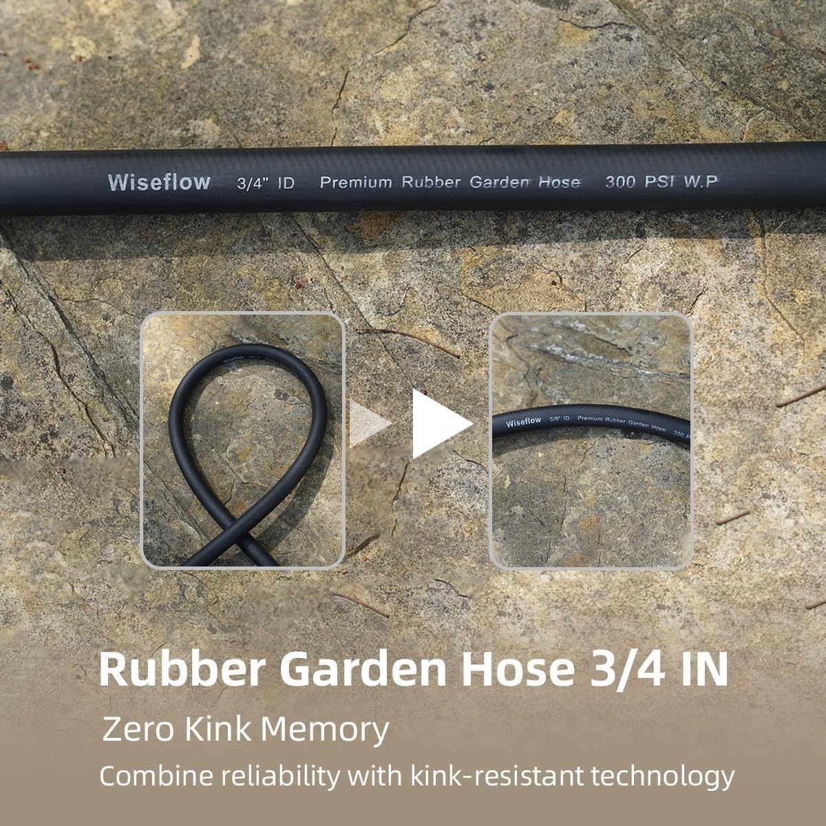 WiseFlow Garden Hose 75FT x 3/4", Heavy Duty Rubber Hose, 1000PSI Burst, 300PSI Working, Water Hose with Five Layered Braiding, Male Female Fittings (Black)