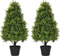30" Artificial Boxwood Faux Plants Outdoor, UV Resistant Topiary Trees Realistic Cone-Shaped Fake Bushes and Shrubs Potted Fakeplants Set of 2 for Front Porch Patio Outside Planter Decor