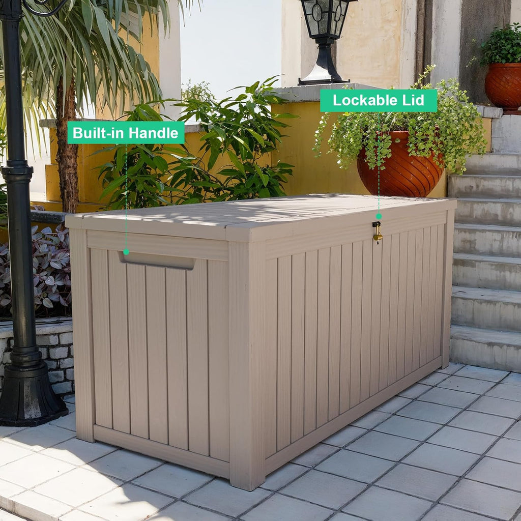 180 Gallon Outdoor Deck Box,Storage Lockable Waterproof Patio Furniture,Garden Tools,Cushions,Pool Accessories Outside Storage Resin Box(Grey)