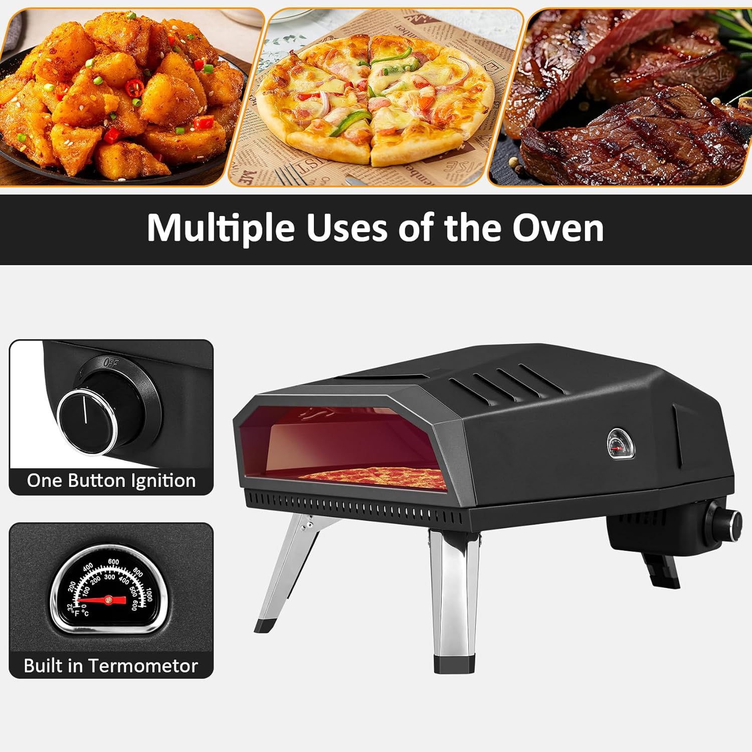 12" Pizza Oven, BOINN Pizza Oven Outdoor with Folding Design, Portable Outdoor Propane Gas Oven with Integrated Thermometer for Backyard, Camping, Picnic