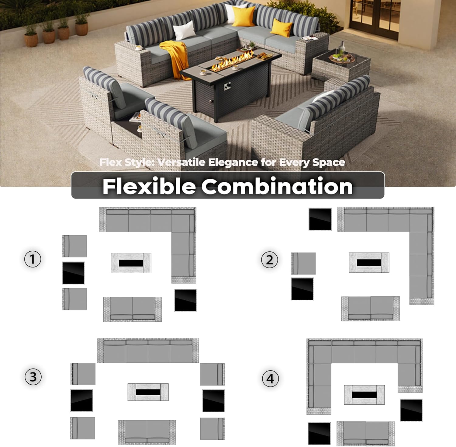 ovios 13 Pieces Patio Furniture Set, Outdoor Wicker Sectional Sofa with 54 Inch Fire Pit Table Comfy Cushions, Modern Modular Deep Seat Rattan Couch Conversation Set, Dark Gray Stripe