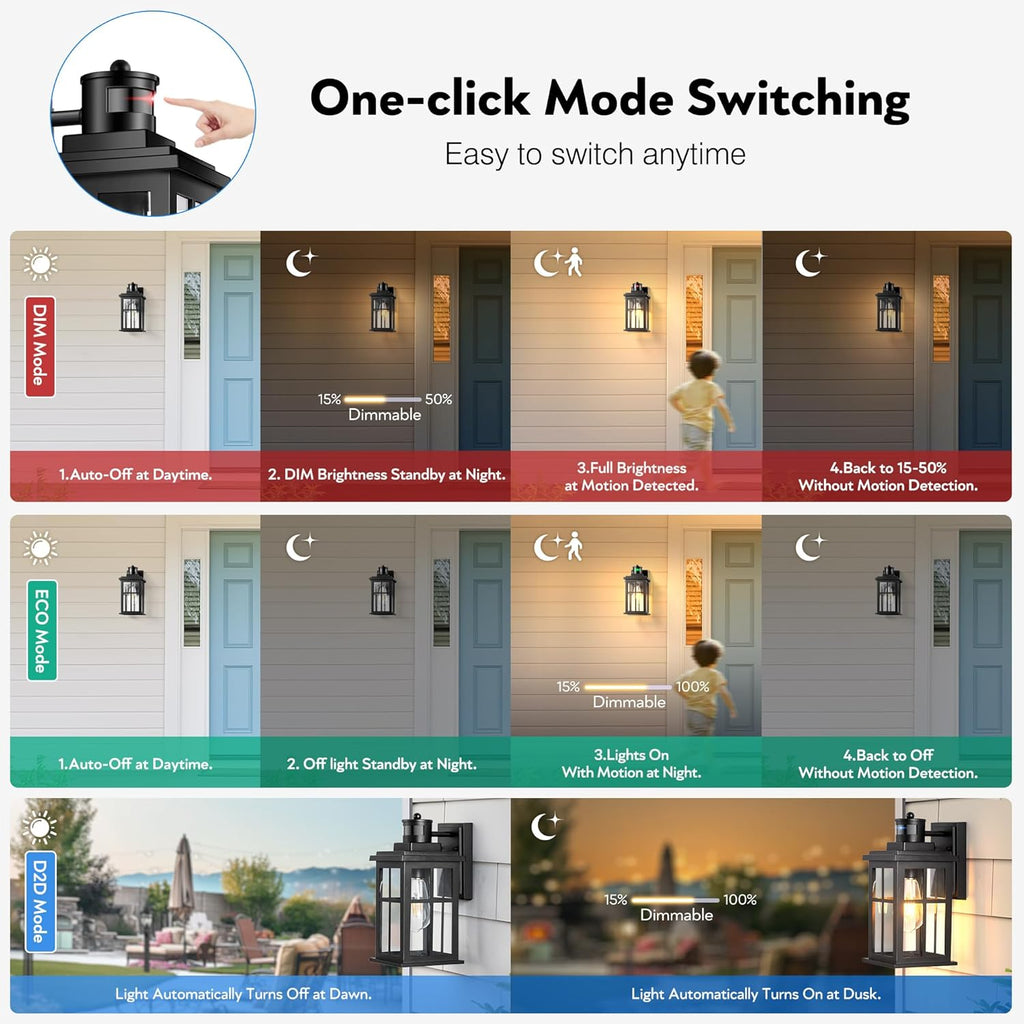 Motion Sensor Outdoor Lights, 2 Pack Outside Light Fixture Dusk to Dawn, Black Outdoor Motion Sensor Light, Anti-Rust Exterior Light Fixture for House, Garage, Doorway, Porch, 100% Aluminum