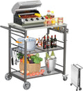 Ciokea Folding Outdoor Grill Cart with Wheels, 3-Shelf Grill Table with 27x18 in Stainless Steel Top, Rolling Pizza Oven Stand, Metal Portable Cart for BBQ Patio Camping (Grey)