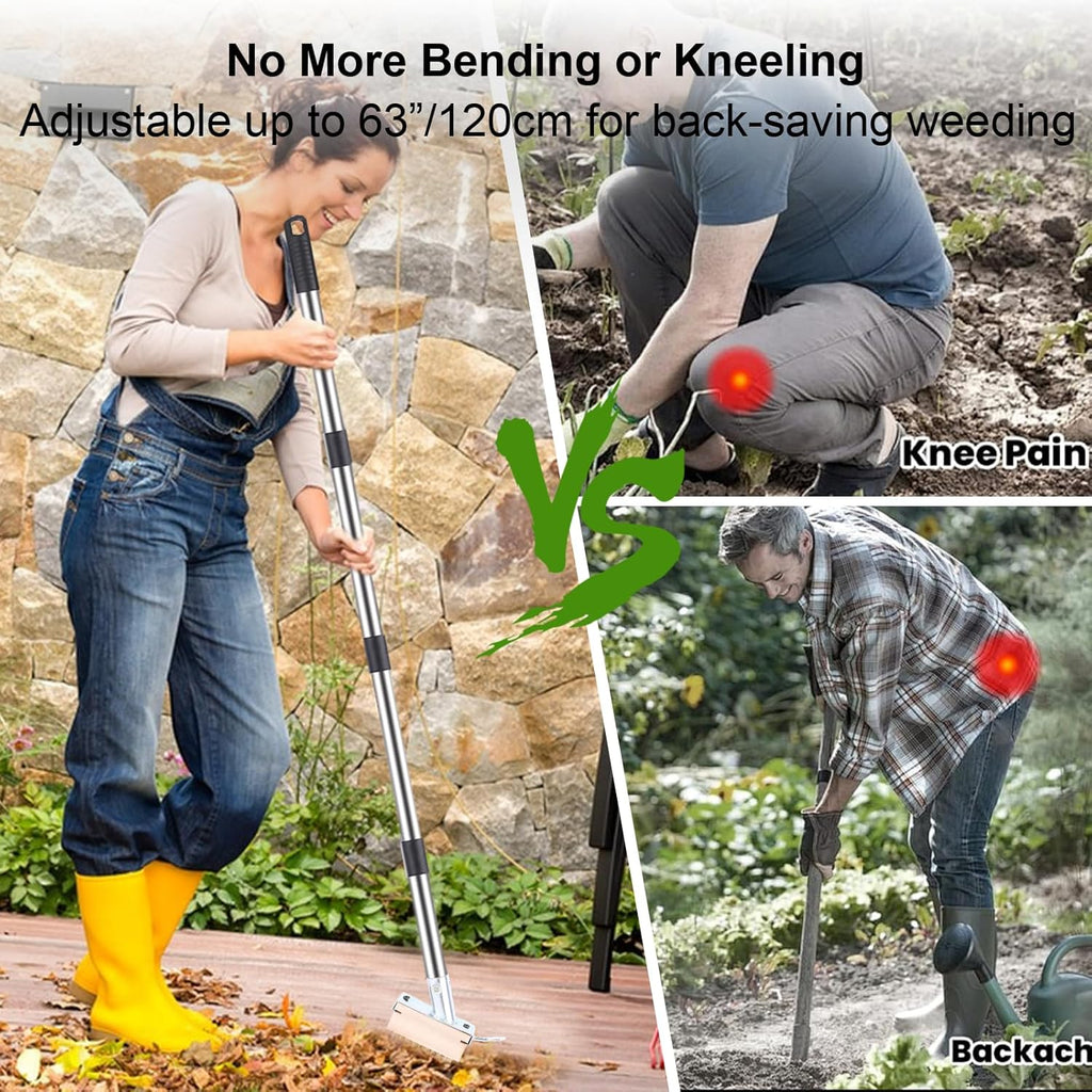 Long Handle Crack Weeder Tool Set with Adjustable 63 inch Handle, 2-in-1 Stainless Steel Crevice Weeding Tool & Brush for Weed and Moss Removal from Patios, Driveways, Sidewalk Cracks
