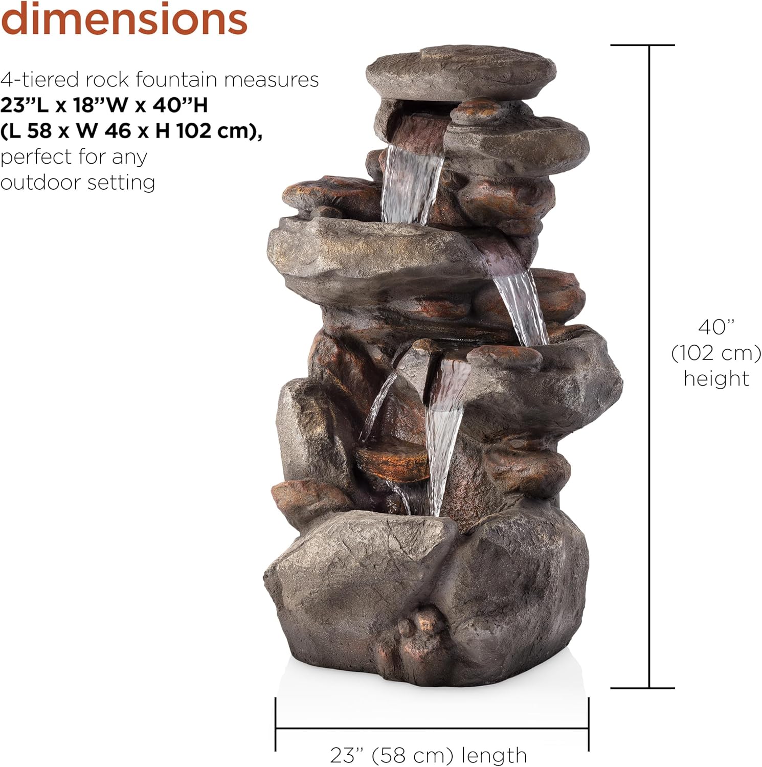 Alpine Corporation WIN316 40" Floor Fountain – 4-Tiered Rock Water Feature with Cascading Streams & White LED Lights – Tranquil Outdoor Décor for Garden, Patio, Yard, Deck, or Porch, Light Gray