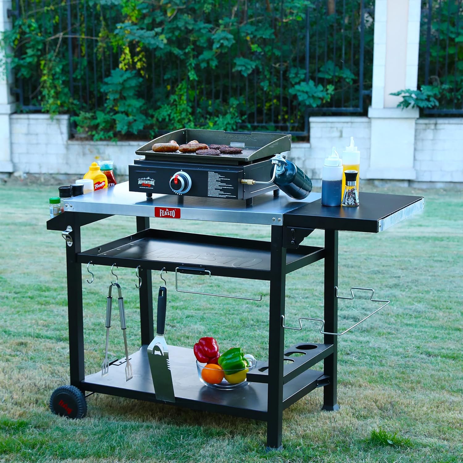 Outdoor Grill Table Cart, Pizza Oven Table Stand for Outdoor Indoor, 40" x 26" Stainless Steel Tabletop Dining BBQ Grill Table with Wheels for Food Prep, 3-Shelf Kitchen Cart Table with Cover