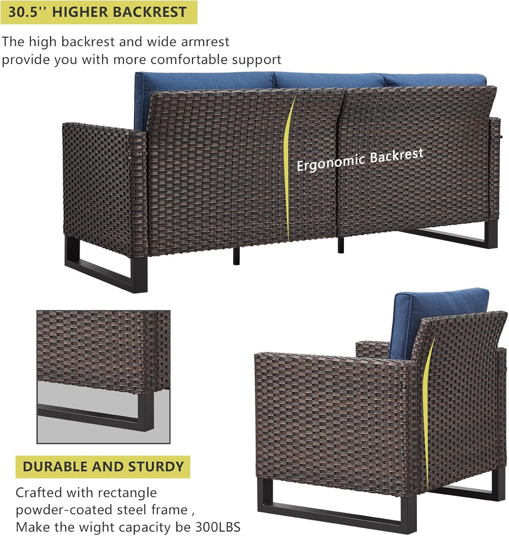 HUMMUH 8 Piece Patio Furniture Set PE Wicker Outdoor Sectional Sofa and Patio Swivel Chairs Outdoor Dining Table Ottomans for Porch,Garden,Backyard,Deck(Brown/Blue)