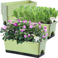 Window Box Planter 8 Pcs, 17 Inches Rectangle Flower Pots with Drainage Holes and Trays, Vegetable Planters for Windowsill Patio Garden Balcony Home Porch Yard Indoor Outdoor (Light Green)