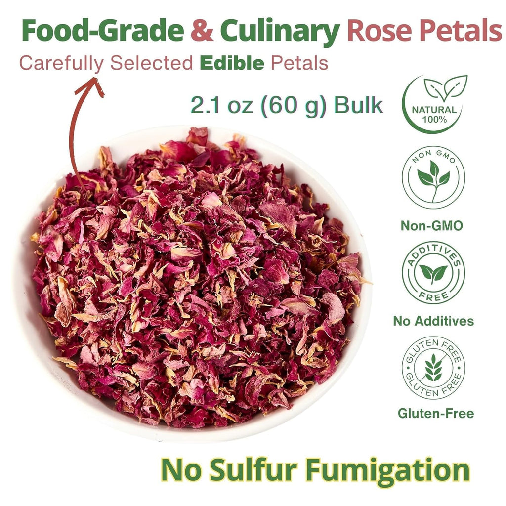 Dried Rose Petals Edible, 2.1oz (60g) Food Grade Rose Petals Tea– Culinary Roses Petals for Tea, Drinks, Baking & Cocktails, Edible Flower Petals for Cake Decorating, Desserts