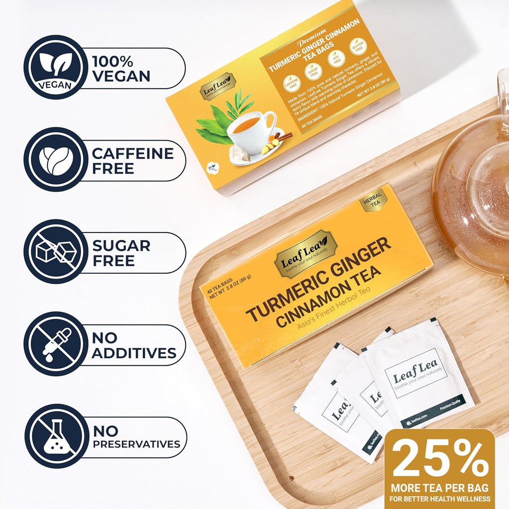 LeafLea 160 Ginger Turmeric Tea Bags, 100% Natural & Pure Herbal Tea Blend of Turmeric Ginger Tea with Cinnamon, Turmeric Tea Supports Digestion & Immunity, Caffeine-Free, No Sugar, Non-GMO