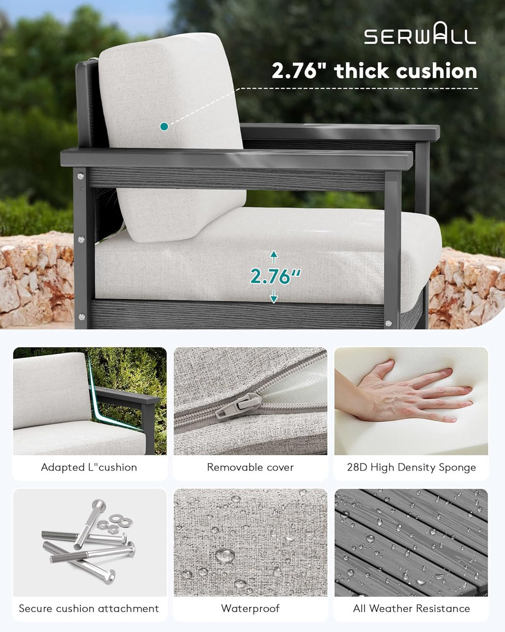 SERWALL 8 Pieces HDPE Outdoor Conversation Sofa Set with Cushions, All Weather Use Couch Loveseat Furniture Set with Pads, Outdoor Social Sofa Coffee Table Set, Grey Frame with Khaki Cushions