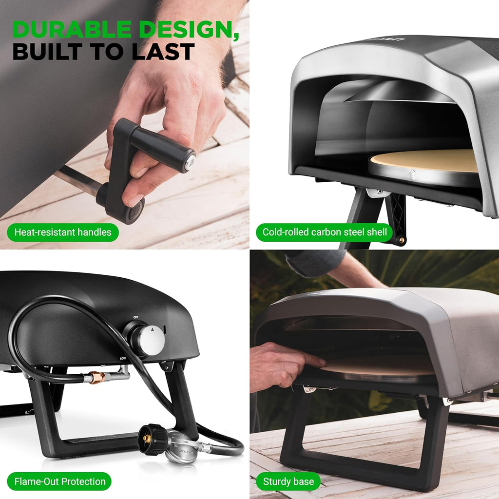 Nutrichef Outdoor Pizza Oven - Manual 360° Rotating Pizza Stone - Adjustable Heat - Includes Pizza Peel, Pizza Cutter, Stone, Cover, & Hose - Cook 12" Pizza in 60 Seconds - Long Handle