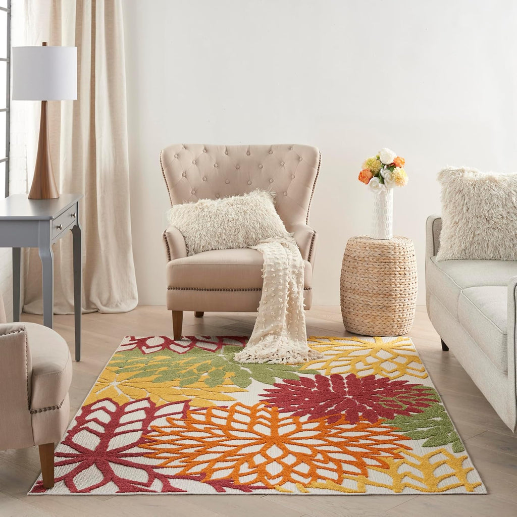 Nourison Aloha Indoor/Outdoor Red Multi Colored 6' x 9' Area Rug, Tropical, Botanical, Easy Cleaning, Non Shedding, Bed Room, Living Room, Dining Room, Deck, Backyard, Patio (6x9)