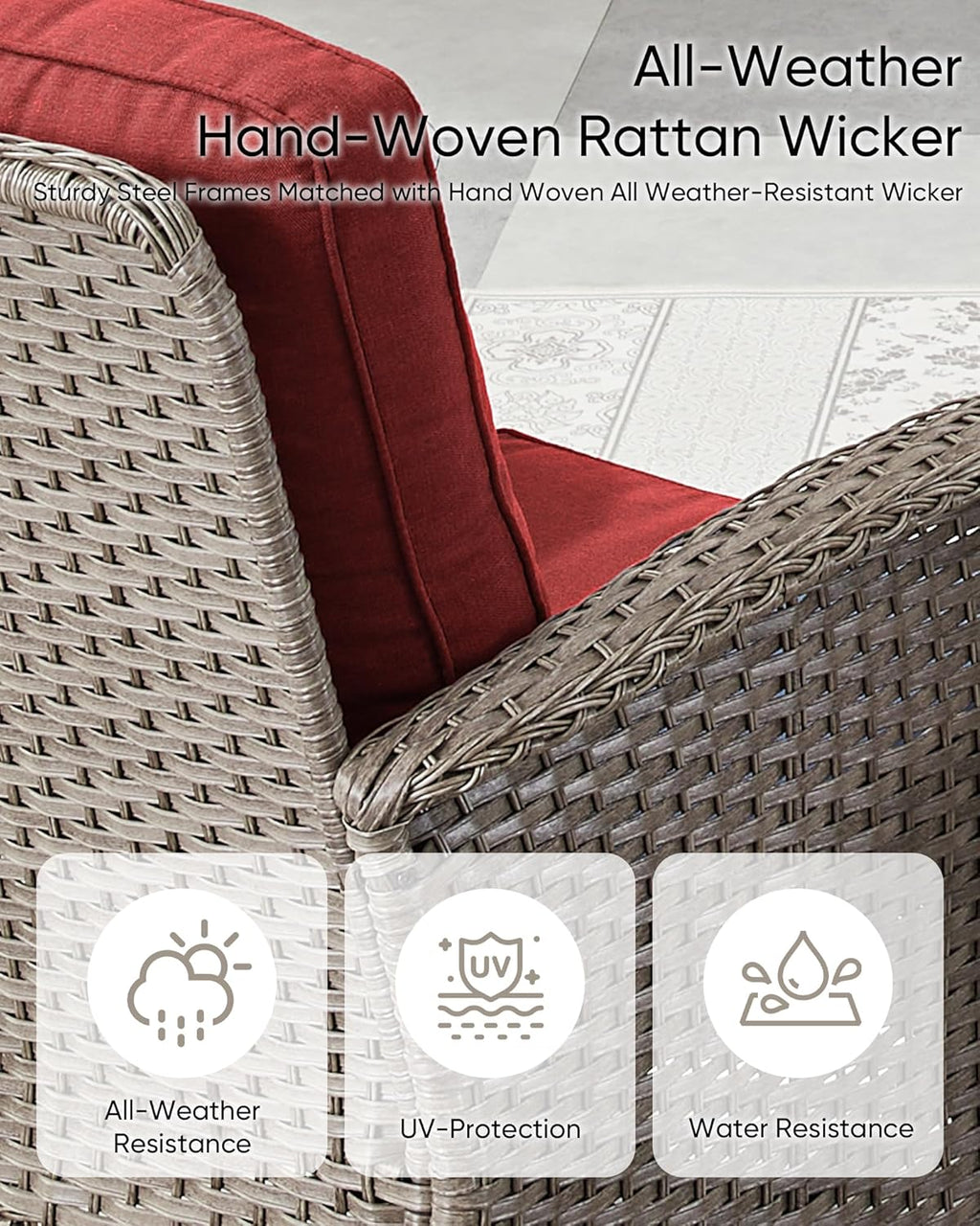 HUMMUH Outdoor Furniture-8 Piece Wicker Patio Furniture Set with Patio Swivel Chair Wicker Rattan Couch with Outdoor Rocking Chair Patio Conversation Set for Deck Lawn Porch Balcony Poolside-Grey/Red