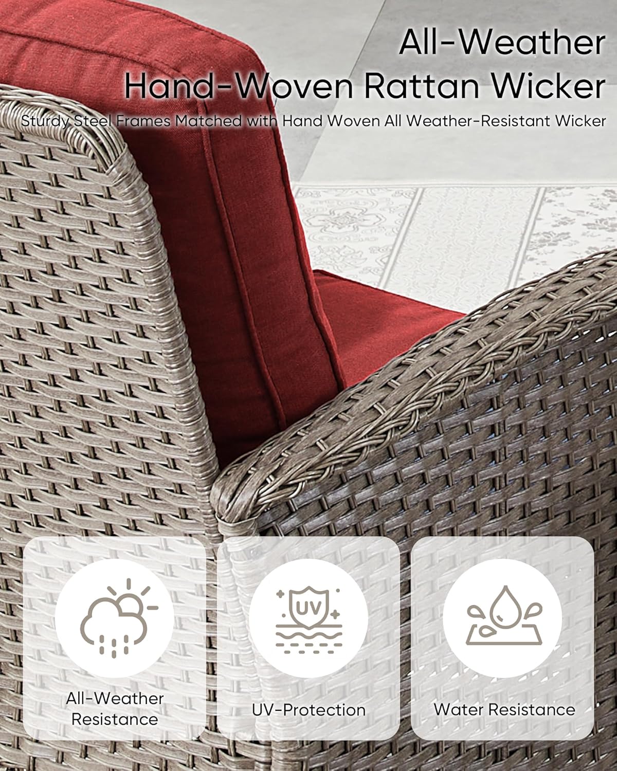 HUMMUH Outdoor Furniture-8 Piece Wicker Patio Furniture Set with Patio Swivel Chair Wicker Rattan Couch with Outdoor Rocking Chair Patio Conversation Set for Deck Lawn Porch Balcony Poolside-Grey/Red