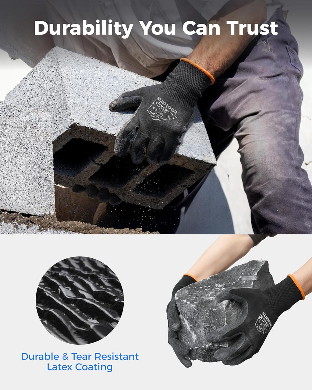 toolant Crinkle Latex Work Gloves Bulk, Rubber Coated Safety Work Gloves for Men and Women, 12 Pairs for Construction, Gardening, Warehouse (Black, XL)