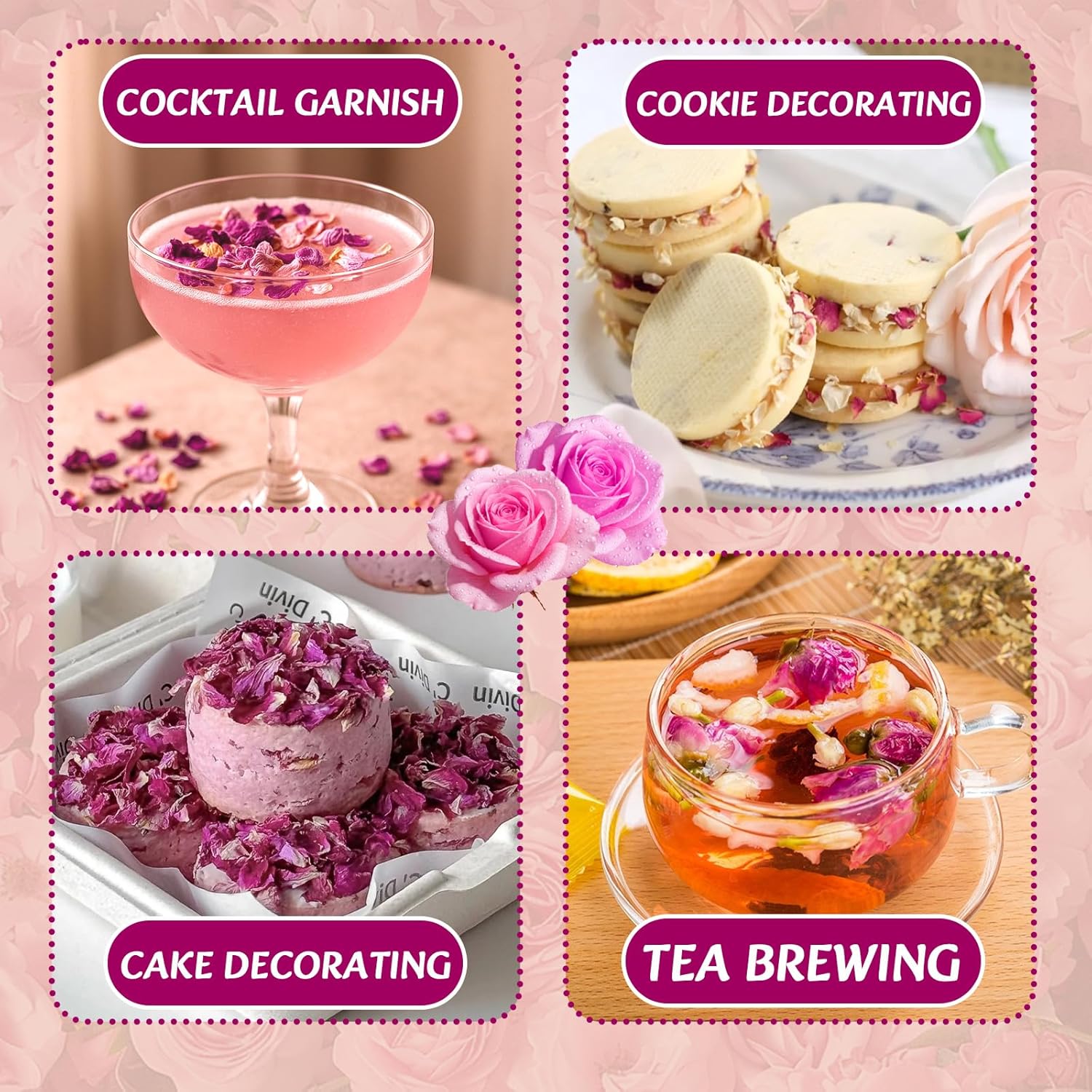 Fangkic Edible Rose Flower Petals for Cake, 2-Pack-0.5oz Each, 3AAA Food Grade Dried Double rose and Damascus Rose Flower Sprinkle for Baking, Cocktails, Tea, Soap –Gluten-Free, No Additives
