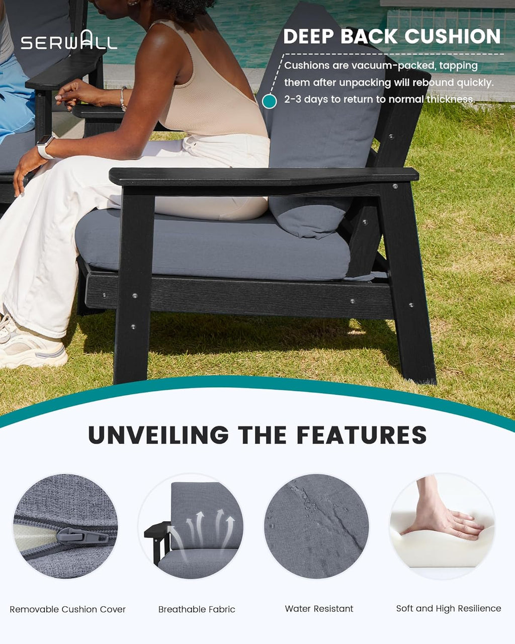 SERWALL HDPE Patio Furniture Set, 5 Piece All Weather Wood-Like Sectional Outdoor Furniture Set, Black Patio Sofa Couch with Grey Cushions for Deck, Lawn