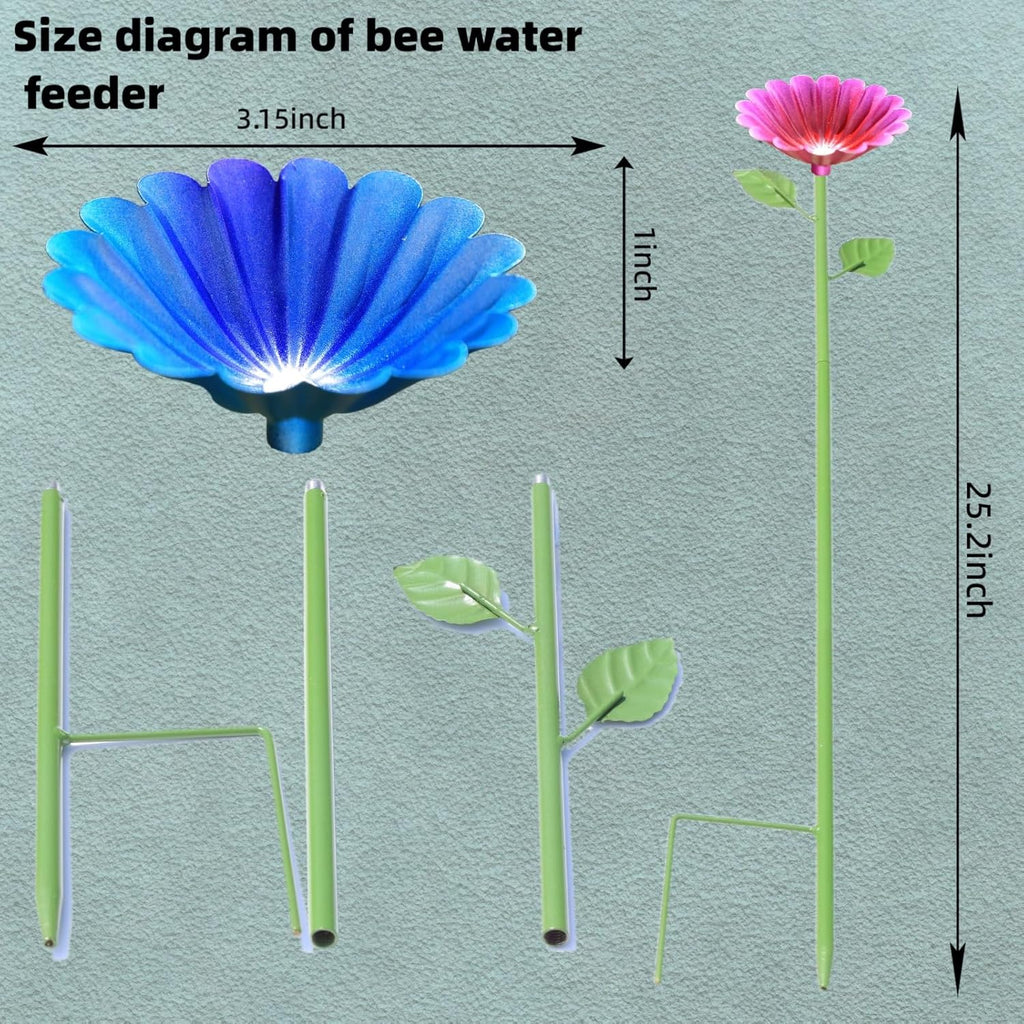 4-Pack Bee Watering Station | Flower-Design Metal Cups | Colorful Garden Decor (Red, Green, Blue, Yellow) | Easy Install | Durable | Bee/Butterfly Feeder & Bath