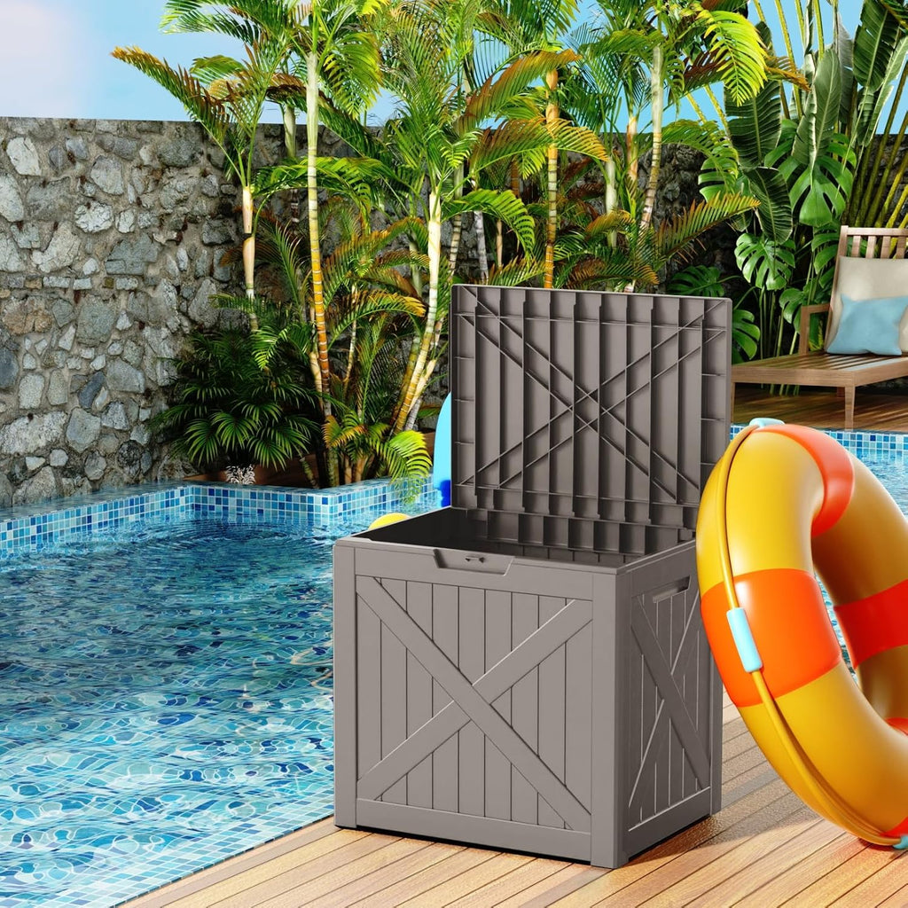 31 Gallon Resin Deck Box, Lockable Patio Outdoor Storage Box for Furniture, Garden Tools and Tools Storage, Waterproof Outside Storage Boxes - Grey