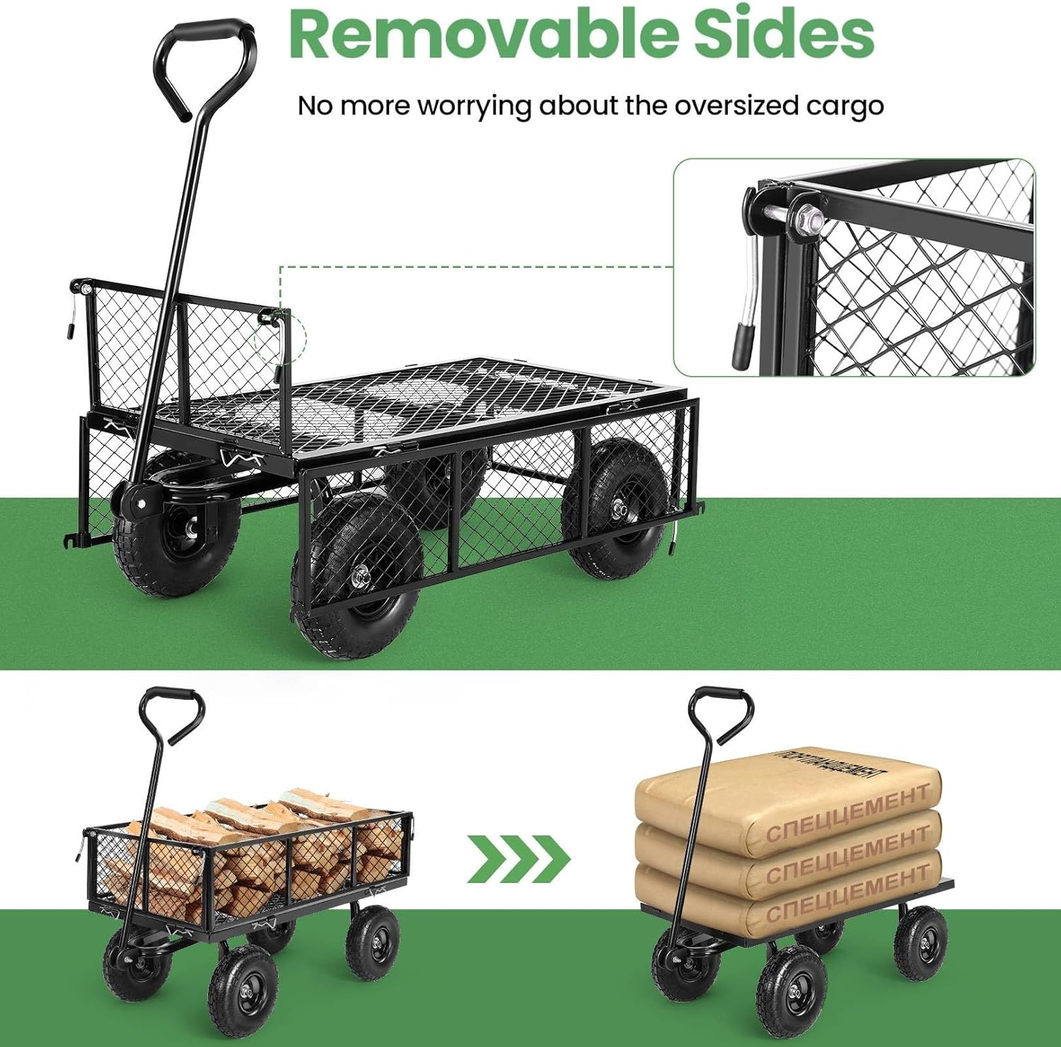 Homdox 660LB Garden Cart on Wheels, Heavy Duty Yard Wagon with 180° Rotating Handle, Mesh Foldable Garden Wagon Outdoor Utility Carts for Camping, Sports, Garden, Beach, Farm, Fishing, Black