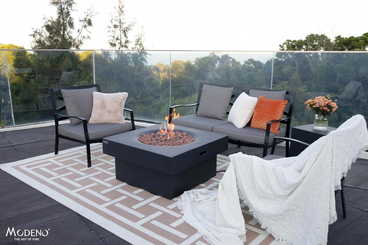 AMS Fireplace | Modeno Branford Package | Black Natural Gas Fire Pit Table for Outside Patio Bundle with Wind Guard, SS Burner Lid | Free Ice Bucket & Rubber Mat