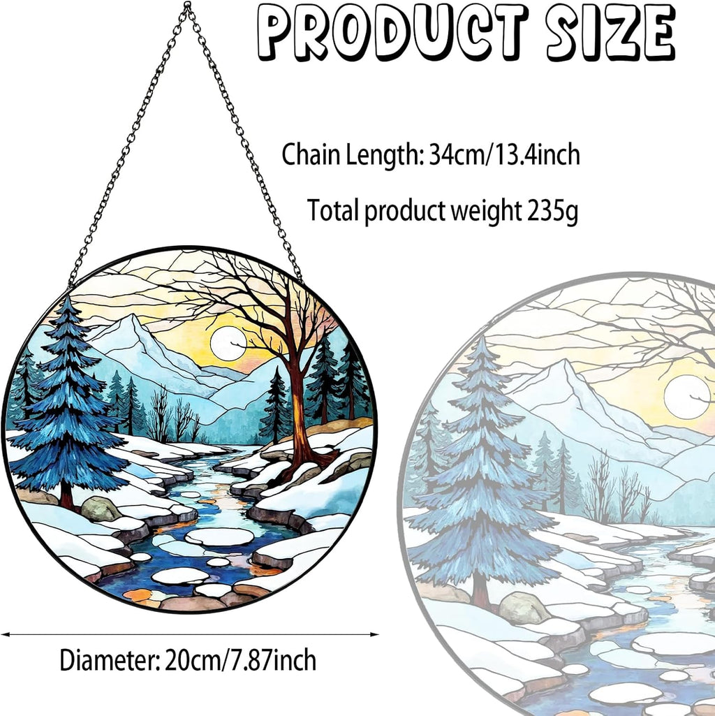 Winter Stained Glass Suncatcher for Window Hanging, Pine Tree Winter Landscape Blue White Glass Panel Decor Home Window for Women Men Wife Mom 7.8 inches