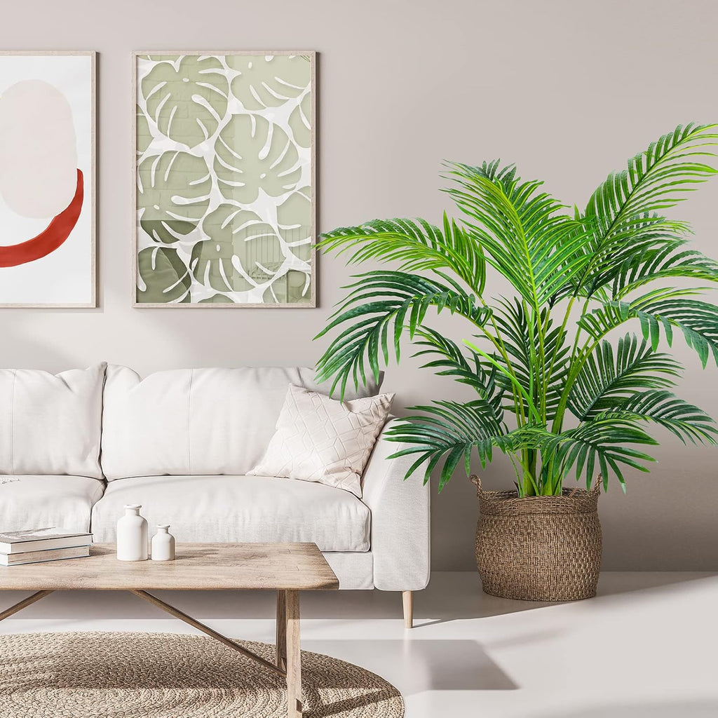 Worth Garden 4ft Artificial Areca Palm Plant 2 Packs in Pot, Fake Cane Palm Silk Tree Indoor Outdoor, Dypsis Lutescens, 47in Lifelike Faux Silk Plant Home Decor, Two Linen Bags Included