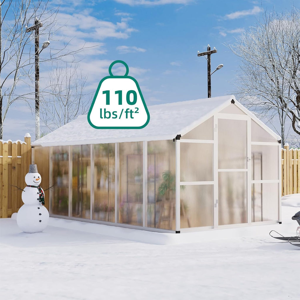 8x12 FT Greenhouse, Large Aluminum Greenhouses for Outdoors, Heavy Duty Polycarbonate Greenhouse with Roof Vent, Walk-in Green Houses for Winter Garden, Backyard, Patio, Lawn, Easy Assembly