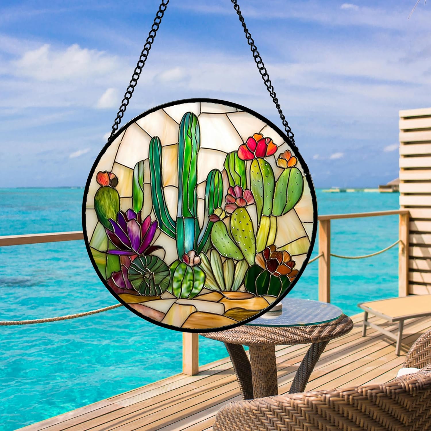 Stained Glass Window Hanging, White Green Cactus Suncatcher Diamond Glass Panel Hangings Sun Catchers Decor for Birthday for Women, Men, Wife, Aunt, and Mom 14.9x14.9 in