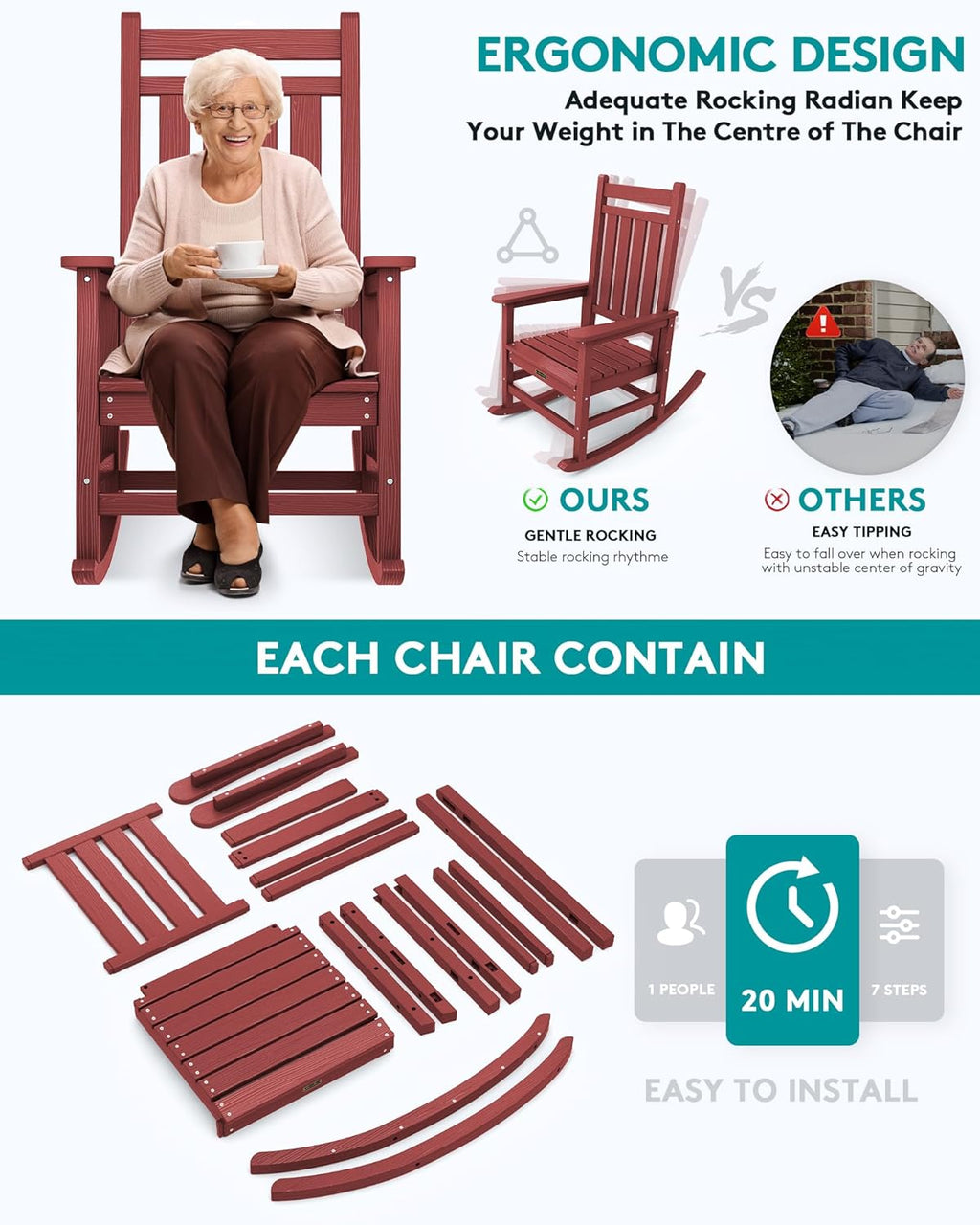 SERWALL HDPE Rocking Chair, Outdoor Rocking Chair for Adults, All Weather Porch Rocker for Lawn Garden, Crimson Red