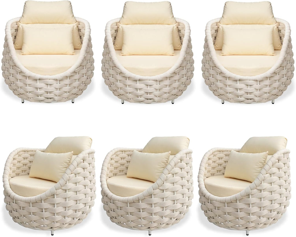 TWT 6 Pieces Patio Sofas, All-Weather Olefin Rope Balcony Furniture with Cushions & Pillows, Patio Couch Outdoor Patio Furniture Set for Indoor, Balcony, Backyard, Deck, Poolside, Cream