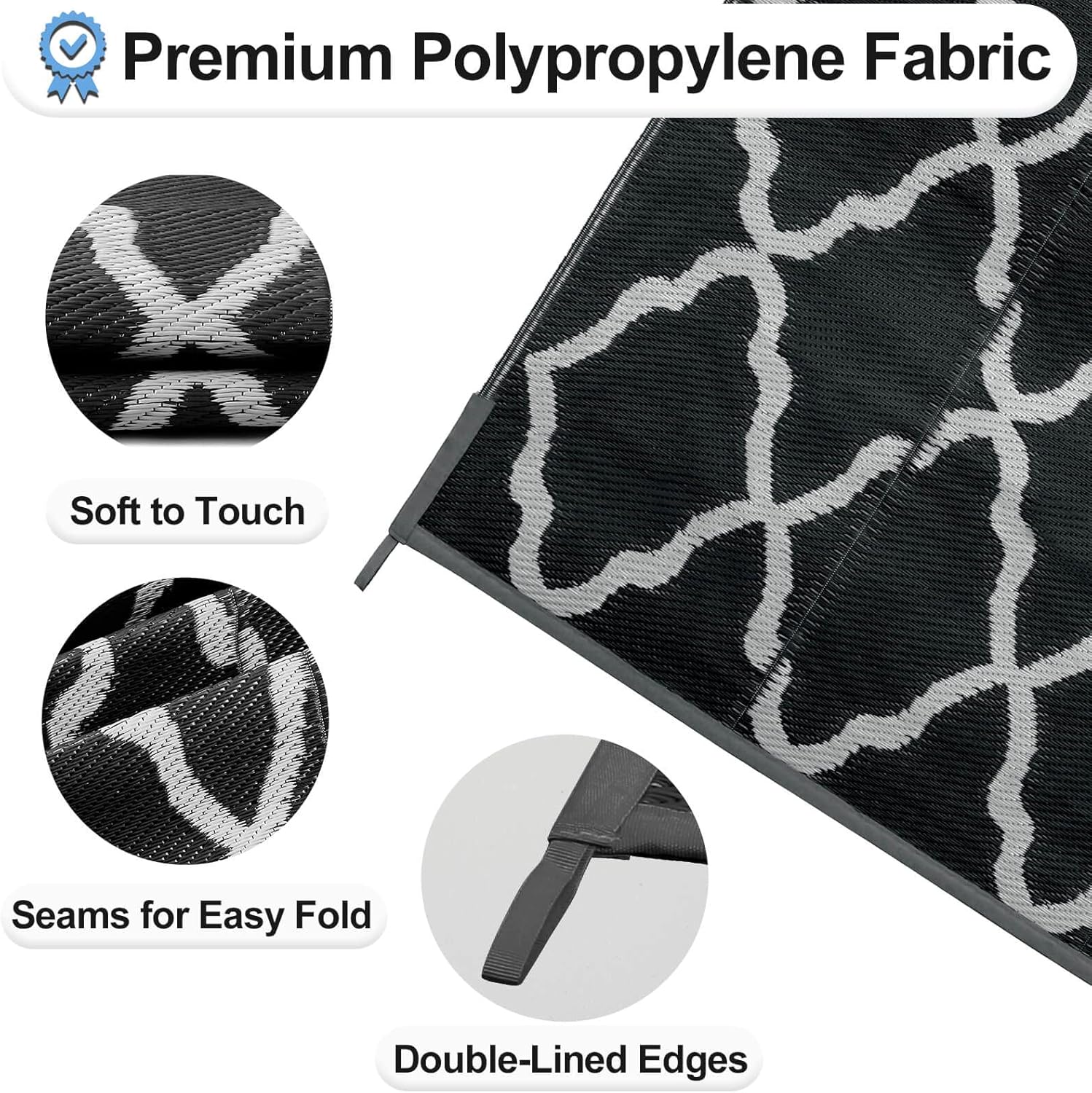 OutdoorLines Outdoor Plastic Area Rugs for Patio 4x6 ft - Reversible Outside Carpet, Stain & UV Resistant RV Mats, Straw Rug for Camping, Deck Garden, Porch and Balcony, Moroccan Black & Light Grey