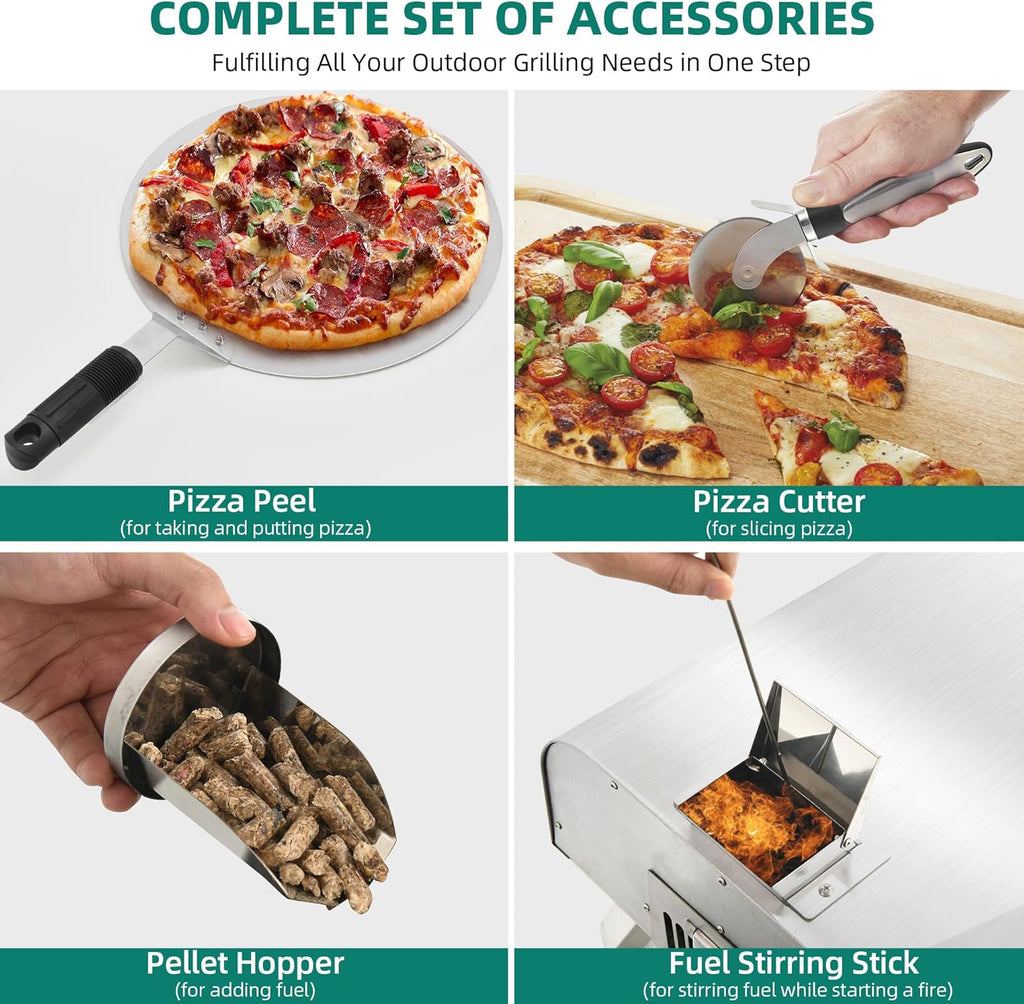 YITAHOME Wood Fired Outdoor Pizza Oven, 12" Portable Pellet Pizza Ovens with Pizza Peel & Pizza Cutter, Woodfire Pizza Maker for Outside Kitchen Cooking Stainless Steel Silver