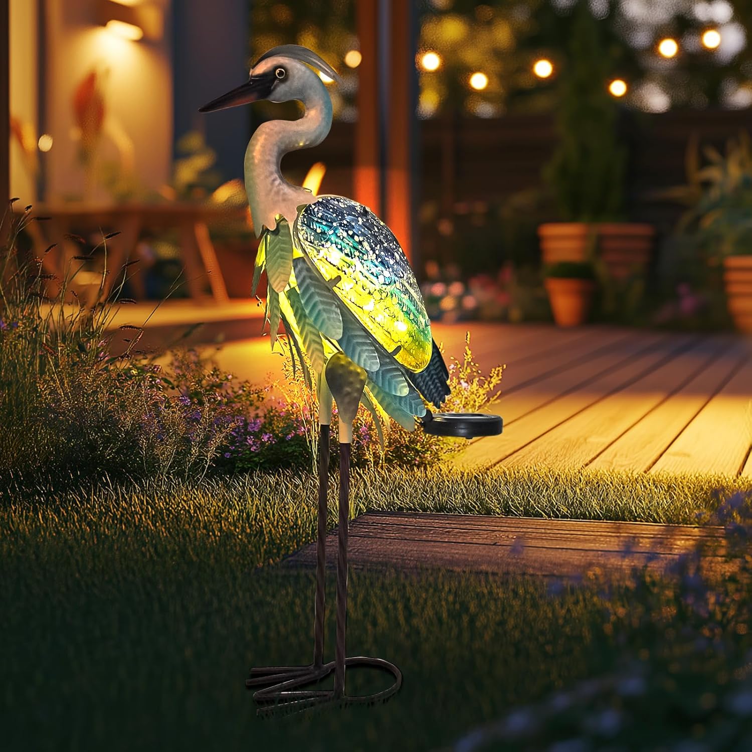 HONGLAND Solar Heron Metal Crane Statue Garden Heron Sculpture, Glass Outdoor Crane Yard Art Coastal Ocean Bird Decor 24 Inch Lawn Ornament for Backyard Porch Patio Decor（Green）