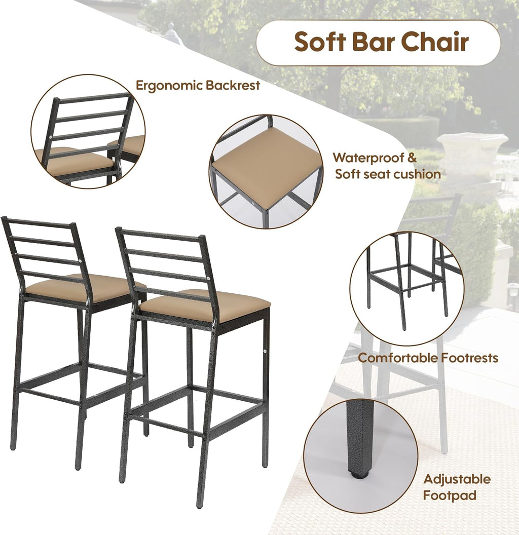 3Pcs Outdoor Patio Bar Set with Cover, 55" Rectangular Pub Height High Top Bar Table with 2 Cushioned Bar Stools, Metal Bar Table and Chairs Set for Outside, Patio, Balcony, Deck