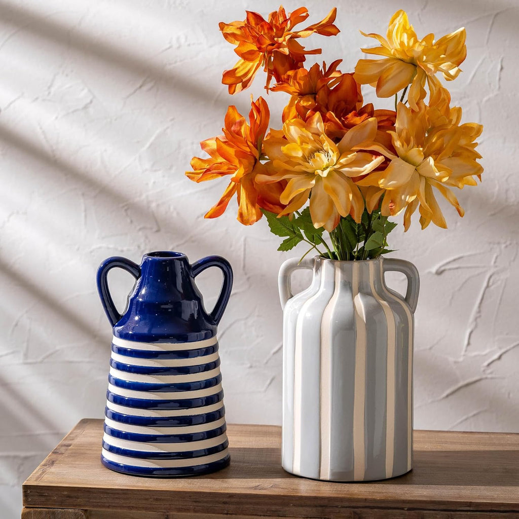 Ceramic Grey and White Checkered Stripes Vase with Handles, Hand-Painted Modern Minimalist Bohemian Floral Vases Home Decor, Cottage Core Decor, Flower Vase for Bouquet Mantle Kitchen Bookshelf 9.1 In